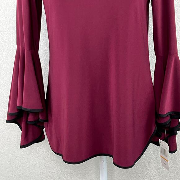 Sam & Jess Maroon Wine Contrast Trim Round Hem Bell Sleeve Blouse Top Large NWT - Picture 7 of 16